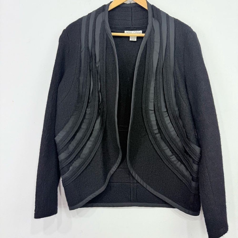 Nikki Valenti 100% Wool Black Ruffle Trim Curve Hem Open Front Cardigan Jacket